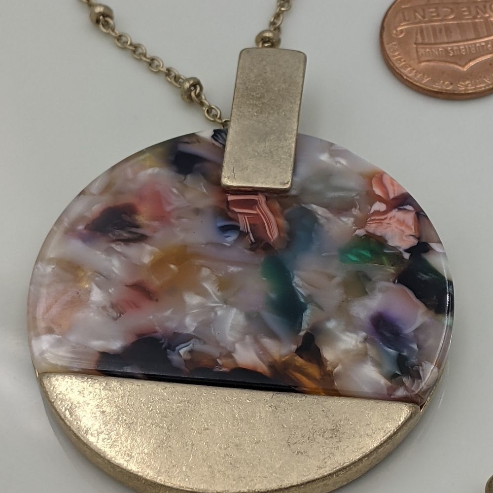 Long Gold Tone Confetti Acrylic Circle Necklace